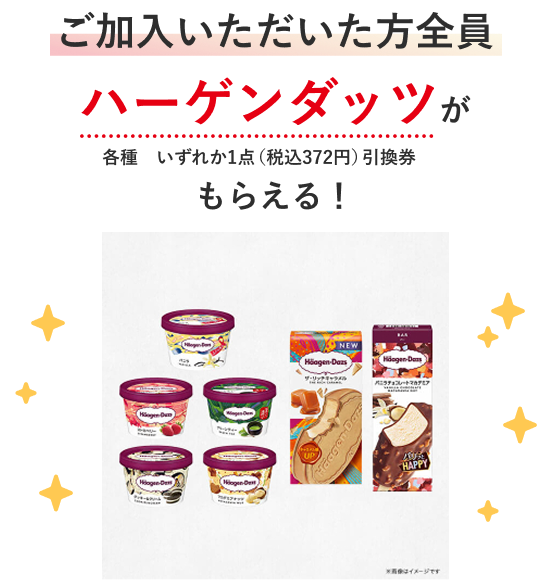 ご加入いただいた方全員 ハーゲンダッツが 各種　いずれか1点（税込372円）引換券もらえる！