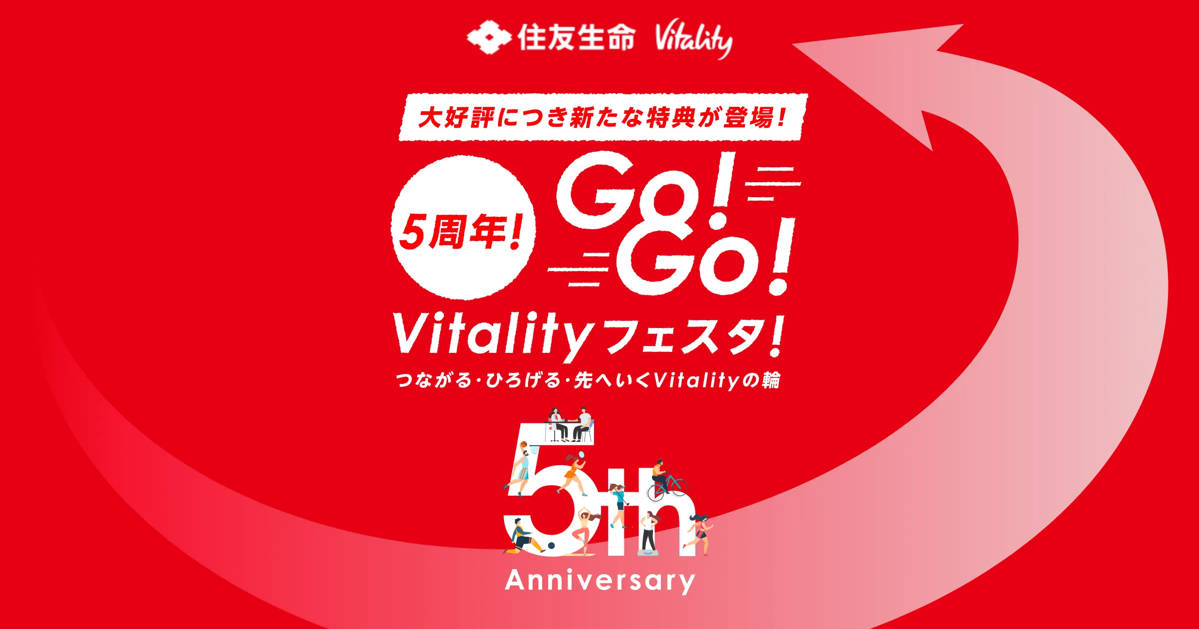 5周年GO!GO! Vitalityフェスタ！ つながる・ひろげる・先へいくVitalityの輪 | 健康でいたくなる、たのしい保険 住友生命  「Vitality」