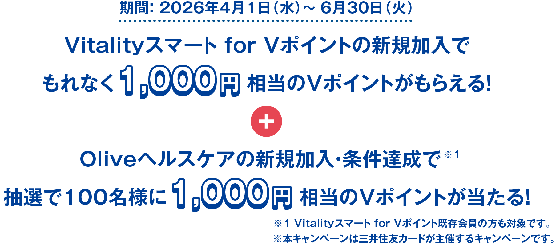 期間： 2026年4月1日（水）～ 6月30日（火）Vitalityスマート for Vポイントの新規加入でもれなく1,000円相当のVポイントがもらえる！+ Oliveヘルスケアの新規加入・条件達成で抽選で100名様に1,000円相当のVポイントが当たる！