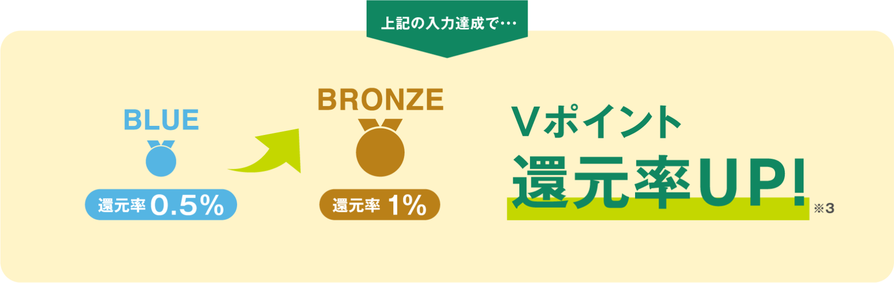 上記の入力達成で・・・BLUE 還元率0.5% BRONZE 還元率1.0% Vポイント還元率UP!※3