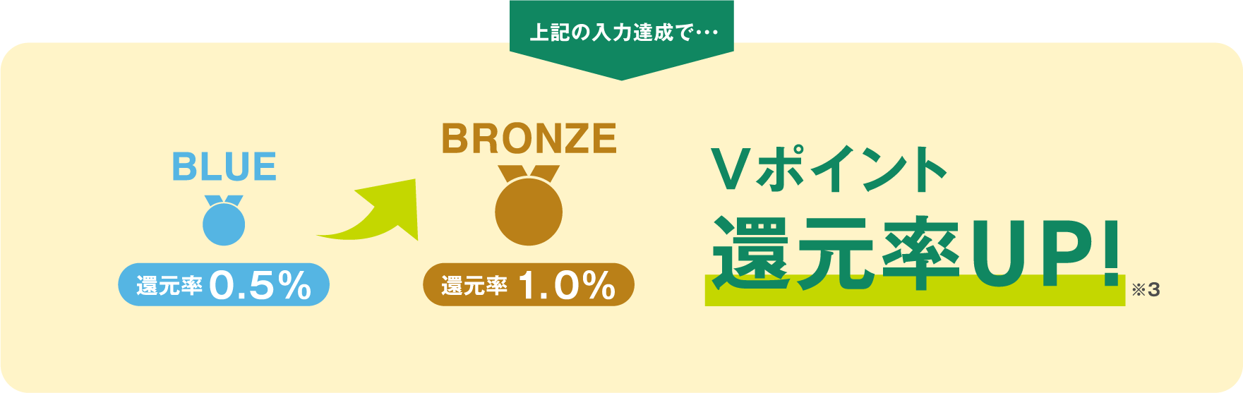 上記の入力達成で・・・BLUE 還元率0.5% BRONZE 還元率1.0% Vポイント還元率UP!※3